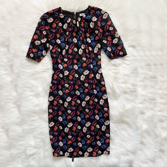 Whistles Black Floral Summer Pansy Print Silk Blend ¾ Sleeve Bodycon Dress - Picture 2 of 9